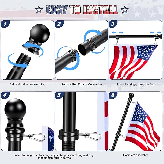 Flag Pole for Outside House Porch Wall Mount, REERON 7 FT No Tangle Stainless Steel Spinning Flagpole Kit with 360° Rotating 1" Metal Flag Pole Rings Clips for 3x5' 4x6' American Flag, Without Bracket