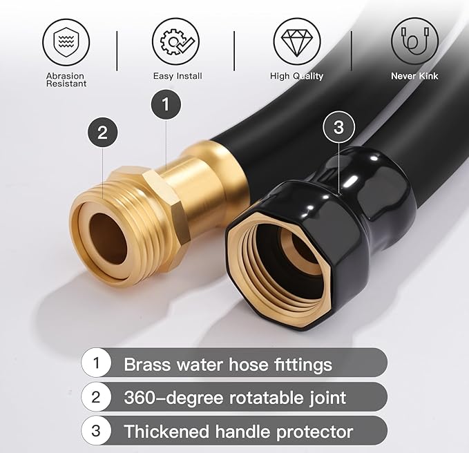 Garden Hose 5/8" x 10ft Brass Rubber Heavy Duty Water Hose 600 PSI Burst Pressure, Durable Flexible Hose for Yard, Car Wash, Pets Black
