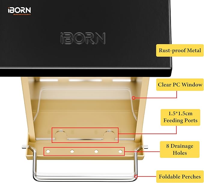 iBorn Bird Feeders for Outdoors,Bird Feeder with Weatherproof Metal Roof & 8 Drain Holes,Fully Detachable Birdfeeder Design,Easy Clean & Refill,Chew-Proof PC Windows,3.2 Lbs Capacity,Black Roof