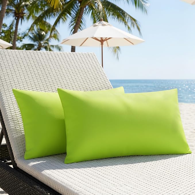 Lewondr Waterproof Outdoor Throw Pillow Cover, 2 Pack Solid PU Coating Lumbar Throw Pillow Case UV Protection Garden Cushion Cover for Patio Sofa Couch Balcony 12"x20"(30x50cm), Fluorescent Green