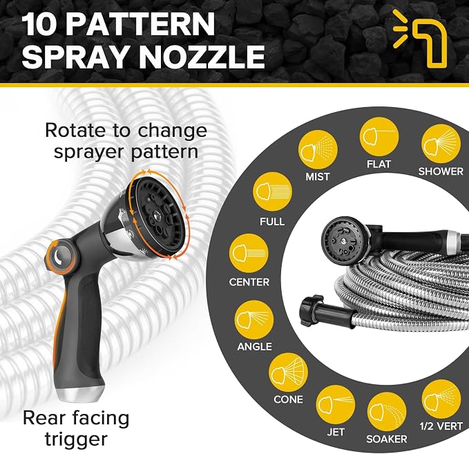 2024 Metal Garden Hose 75ft Heavy Duty Stainless Steel Water Hose with Sprayer & Metal Fittings Flexible Lightweight Hose Puncture Proof Hose for Yard, Outdoors, Rv