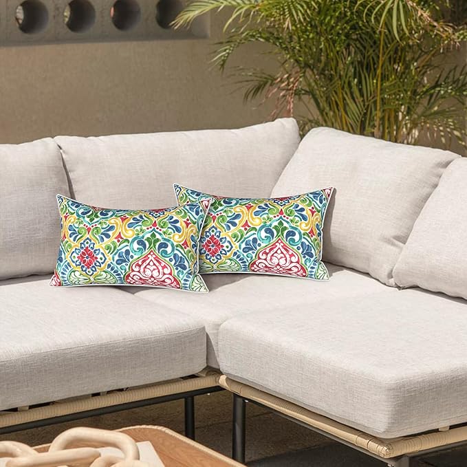 LVTXIII 2 Pack Outdoor Lumbar Pillow Covers 12x20 Inch with Piping, Water-Repellent Back Cushion Covers ONLY for Patio Furniture, Sofa, Garden Bench, Damask Red