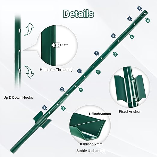 Metal Fence Posts, Pack of 10 4 FT Green Heavy Duty U Posts, No Dig T Posts for Fences Wire Mesh, Perfect for Temporary Fencing, Electric Fence Wire, Corner Anchor