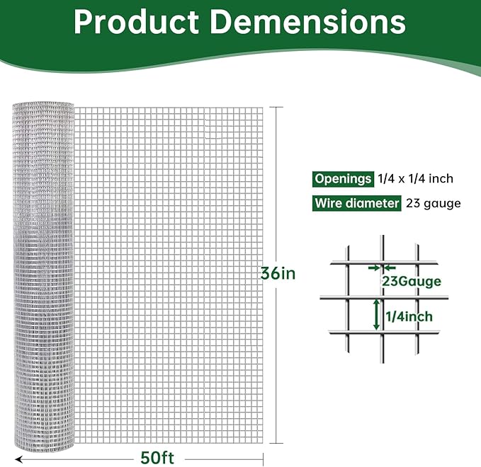Amagabeli Galvanized Hardware Cloth 1/4inch 36inch x 100ft 23 Gauge Chicken Wire Fencing Welded Wire Metal Roll for Rabbit Cage Snake Fence Gopher Poultry Garden Netting Raised Bed Window Screen