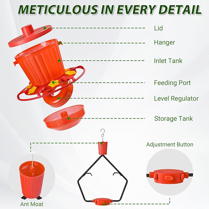 Retractable Hummingbird Feeder – 6 Feeding Ports, Leak-Proof, Ant & Bee Proof, Easy Top-Fill & Easy to Clean, Durable ASA Plastic, 18.5 oz Capacity, Adjustable Hanging System with 44" Extension(Red)