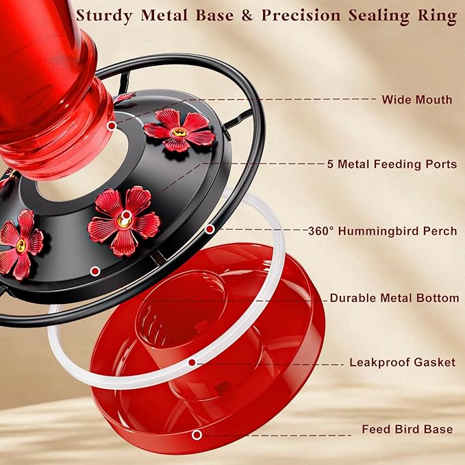 24 OZ Hummingbird Feeder for Outdoors Hanging, Heavy-Duty Thick Glass Humming Bird Feeder with Floral Decals, Leak-Resistant Metal Base with 5 Feeding Ports & Perch, Decorative Garden Deco(Red)
