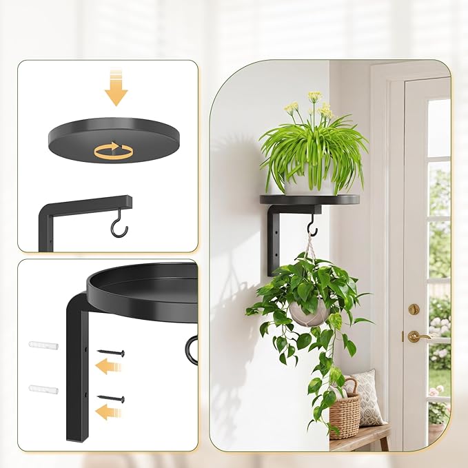 LASZOLA Plant Hangers Holder Wall Mounted Indoor, Metal Window Plant Shelves, 2Pcs Modern Floating Flower Display Stand with 2 Hooks for Outdoor Kitchen Bathroom Decor, Black