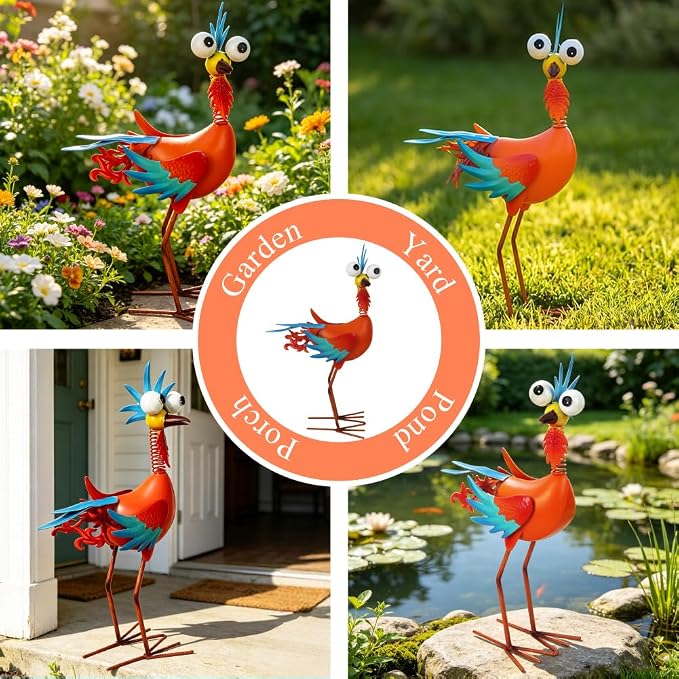 Metal Wacky Rooste Garden Statue, 17.9‘’ Rooster Decor Yard Statue Decorations Outdoor, Chicken Yard Art for Outside, Patio, Backyard, Lawn (Orange & Cyan)