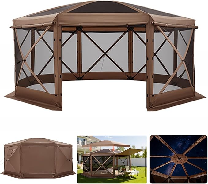 VEVOR Pop up Gazebo Screen Tent, 15 x 15 ft Large 8-Sided Camping Canopy Tent with Removable Top & Carry Bag, Quick-Set & Bite-Proof, Screen House Sun Shelter for 12-15 Persons Backyard Patio, Brown