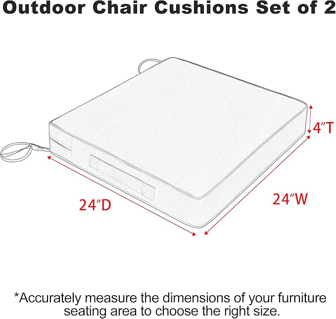 Favoyard Patio Chair Cushions 24 x 24 x 4 Inch Waterproof Outdoor Seat Cushions for Patio Furniture 3-Year Color Fastness Garden Sofa Couch Pads with Handle & Adjustable Straps Set of 2, Dark Grey