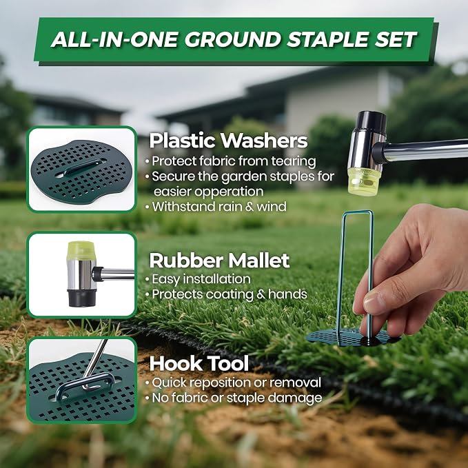 150Pcs Garden Staples +150Pcs Gasket +Pick Hook +Rubber Mallet, 6 Inch Landscape Fabric Stakes Galvanized Weed Barrier Stakes 11 Gauge Landscape Pins U Shape Lawn Staples for Yard, Sod, Turf, Green