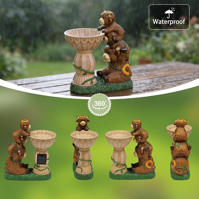 Sheaifun Solar Garden Statues Highland Cow Garden Decor Resin Highland Cow Statue with Bird Bath Feeder Light Animal Figurine Outdoor Yard Patio Lawn Decoration Gardening Gifts for Women 9.5 Inch