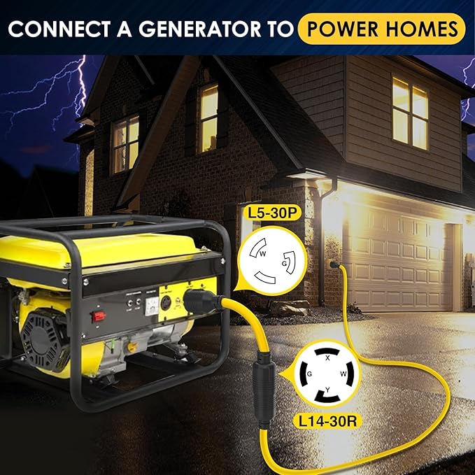 Plug and Play 30 AMP Generator Transfer Switch Adapter Cord, Heavy Duty STW 10 Gauge NEMA L5-30P Male to L14-30R Female, 3 Prong to 4 Prong Generator Adapter Plug Twist Lock to House Inlet Box