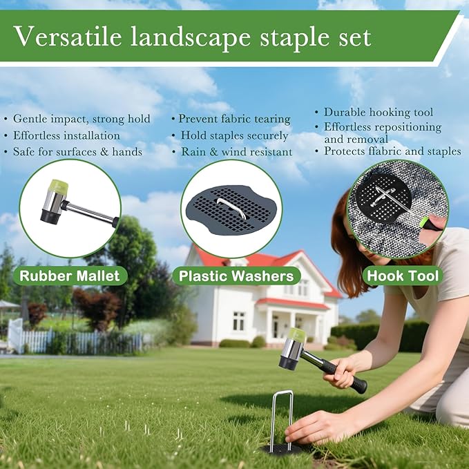6 Inch Landscape Staples Set, 11 Gauge Galvanized U-Shaped Garden Stakes (50 Pack) with 50 Gaskets, Hook Tool & Rubber Mallet for Weed Fabric & Landscaping
