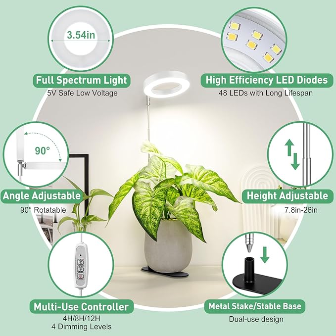LORDEM Plant Grow Light, Full Spectrum Halo Desk Light, Height Adjustable 7.8"-26", LED Growing Lamp, Automatic Timer 4H/8H/12H, 4 Level Dimmable, Ideal for Indoor Plants, White, 2 Pack