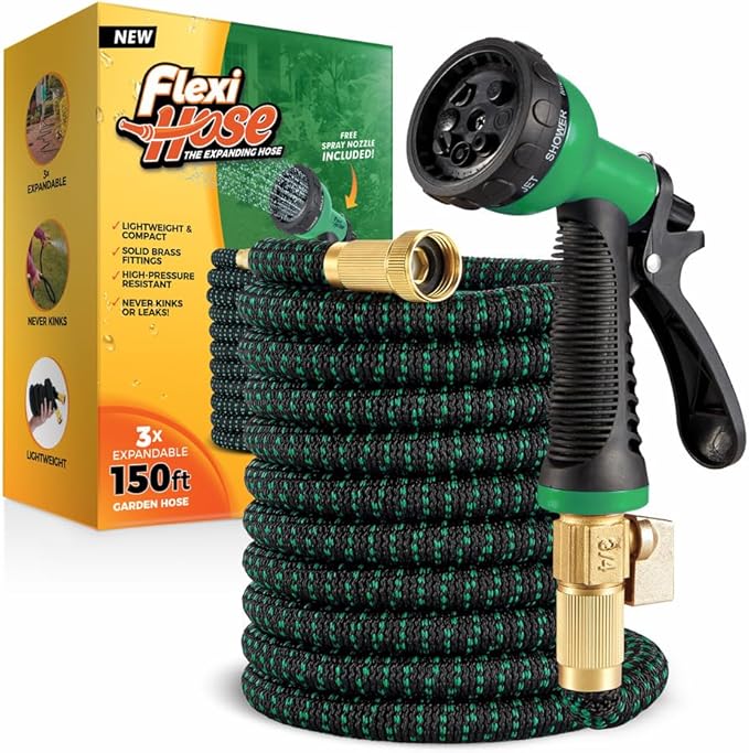 Flexi Hose with 8 Function Nozzle, 150FT - Lightweight Expandable Garden Hose, No-Kink Flexibility, 3/4 Inch Solid Brass Fittings and Double Latex Core - Green