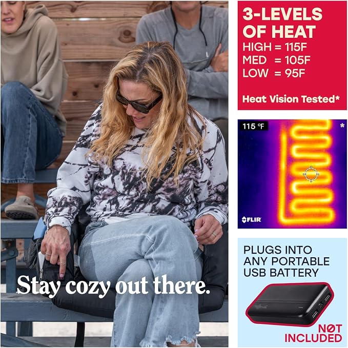 POP Design The Original Hot Seat, Portable Heated Stadium Seat for Bleachers, Reclining Arm and Back Support, Thick Cushion (USB Battery Not Included)