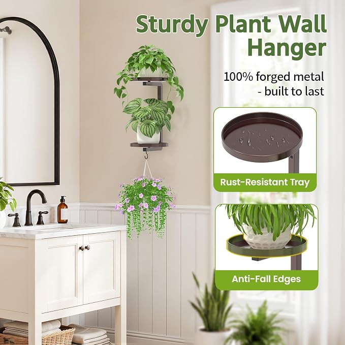 LASZOLA Plant Hangers Holder Wall Mounted Indoor, Metal 2 Tier Window Hanging Plant Shelves, 2Pcs Modern Floating Flower Display Stand with 2 Hooks for Outdoor Kitchen Bathroom Decor, Classic Bronze