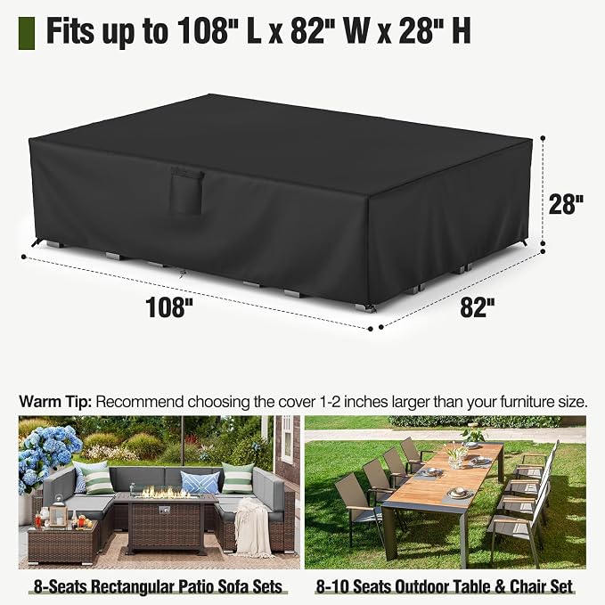 MR.COVER Patio Furniture Cover, Outdoor Sectional Sofa Set Cover Water Resistant General Purpose Rectangular 600D Heavy Duty Patio Table protection Size 108L x 82W x 28H inch