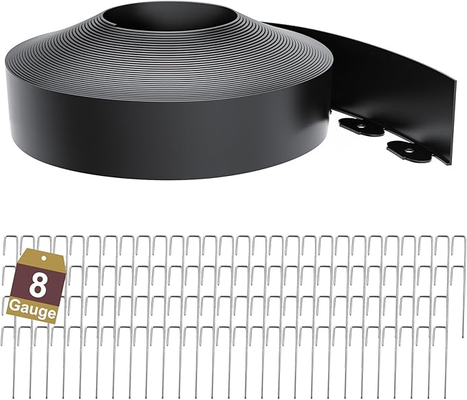 Landscape Edging Border 3 Inch Tall 100Ft with 110Pcs 8 Gauge Metal Spikes, Plastic Garden Edging Border Garden Fence Border Lawn Edging for Landscaping, Flower Bed, Tree Ring, Pathway