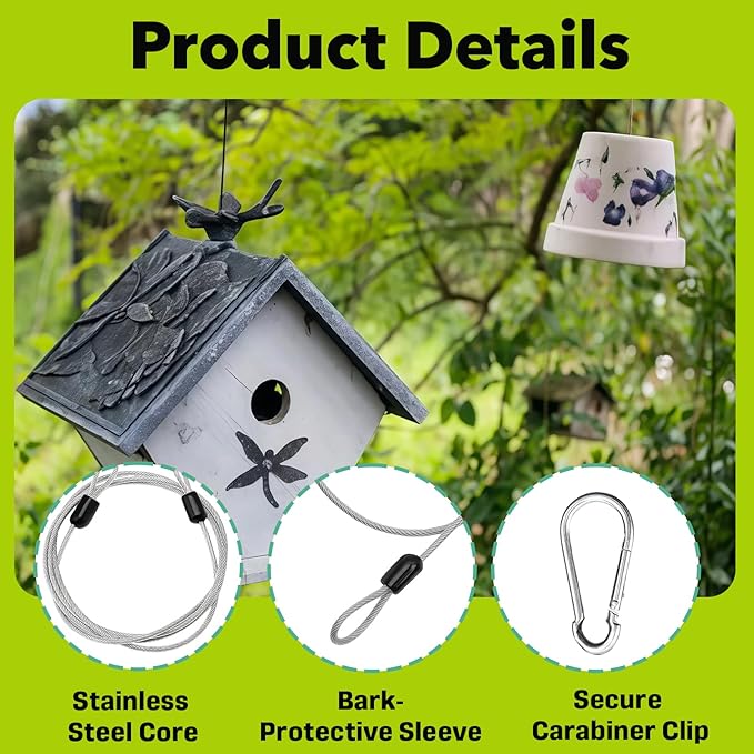 4PCS 39.3" & 73.6" Bird Feeder Hanger for Tree with Carabiner Clip, Stainless Steel Rope with Carabiner Clip, Flexible Steel Cable with Carabiner Hook for Outdoor Decor, Garden & Patio, Black & Silver
