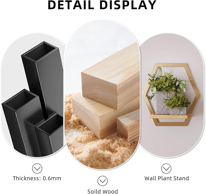 3 Pack Natural Wood & 25 LB Load Metal Wall Plant Holders, 9 inch Solid Wooden Shelf, Mid Century Hanging Planter for Indoor Plants Golden