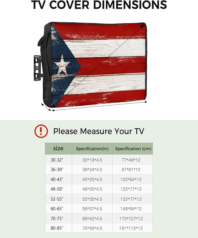 T&H XHome Outdoor TV Cover - Puerto Rico Flag Patriot Vintage Wooden Board Text Waterproof and Weatherproof 70"-75" LCD Movable Shield TV Display Screen Protector Outside Television Covers