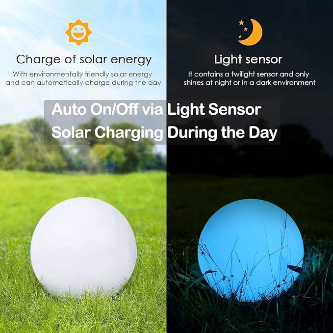 10 inch Solar Globe Light Outdoor Waterproof, Dimmable 16 Colors RGB Solar Balls for Garden w/Remote, Glowing Orb Light for Outside w/Ground Stake, Globe Floor Mood Lamp for Home Patio Yard Lawn Party
