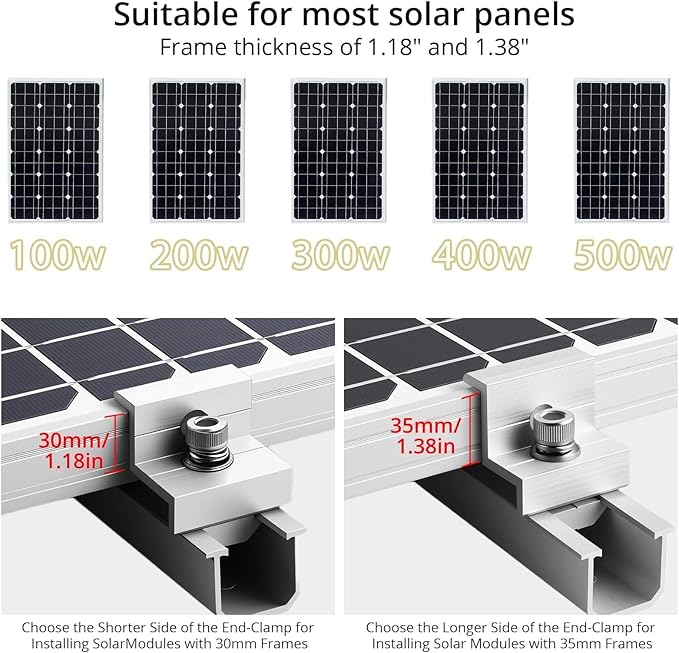 Anbte Solar Panel Mounting Brackets, Included 10 x 4.72 in Rails + 4 end Clamps + 6 Center Clamps + 1 Wrench, Aluminum Solar Mounting Kit for 4 Panels, Waterproof, for Roof, RV, Boat, Silver