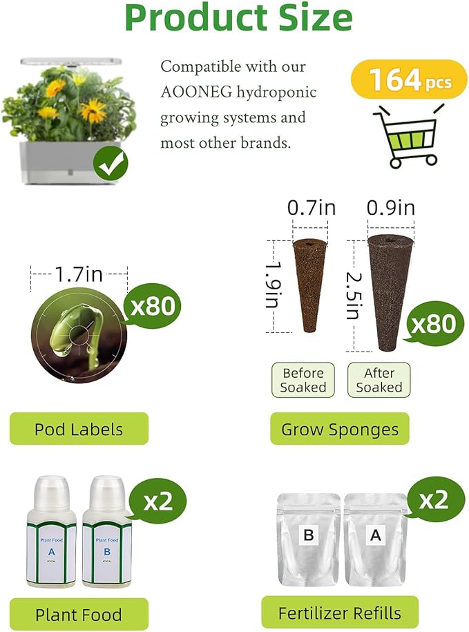 164pcs Hydroponics Seed Pod Kit: 80 Grow Sponges, 80 Pod Labels, 4 A&B Plant Food - Grow Anything Kit for Indoor Garden,Compatible with Hydroponics Growing System from All Brands(164pcs)