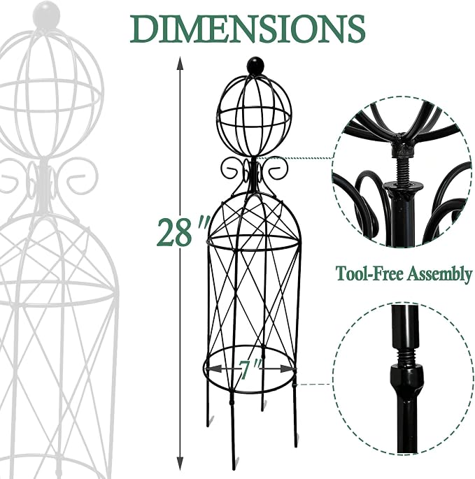 2-Pack Metal Garden Obelisk Trellis, 28" Geometric Sphere Plant Support | Tool-free assembly; fits 9–12in planters, metal obelisk for roses clematis mandevilla vines, 2-pack black outdoor décor