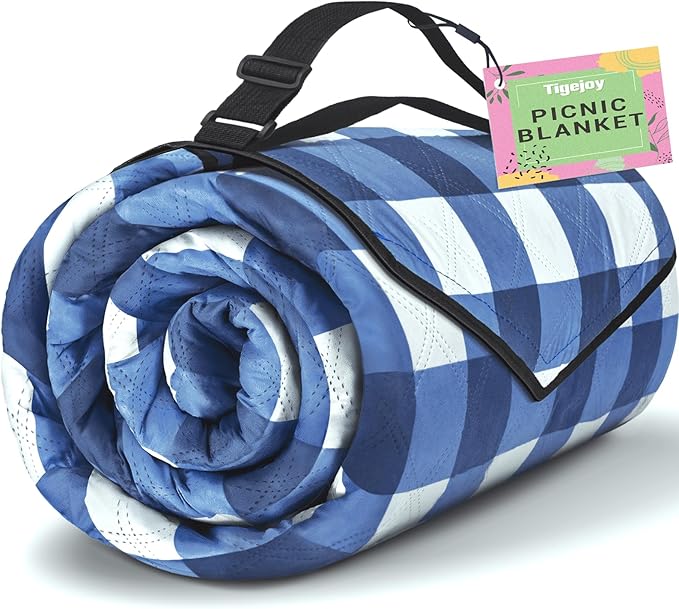 TigeJoy Extra Large Picnic Blanket Waterproof Foldable 80''x118'', Outdoor Picnic Mat Beach Blanket Sandproof for Park, Grass, Travel, Hiking, Camping Essentials, Gingham Picnic Blanket