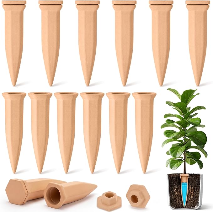12 Pack Terracotta Watering Spikes with Lids Plant Watering Spikes Automatic Plant Waterer Devices Outdoor Indoor Vacation Friendly Slow Release Self Waterer Planter Insert(Large)