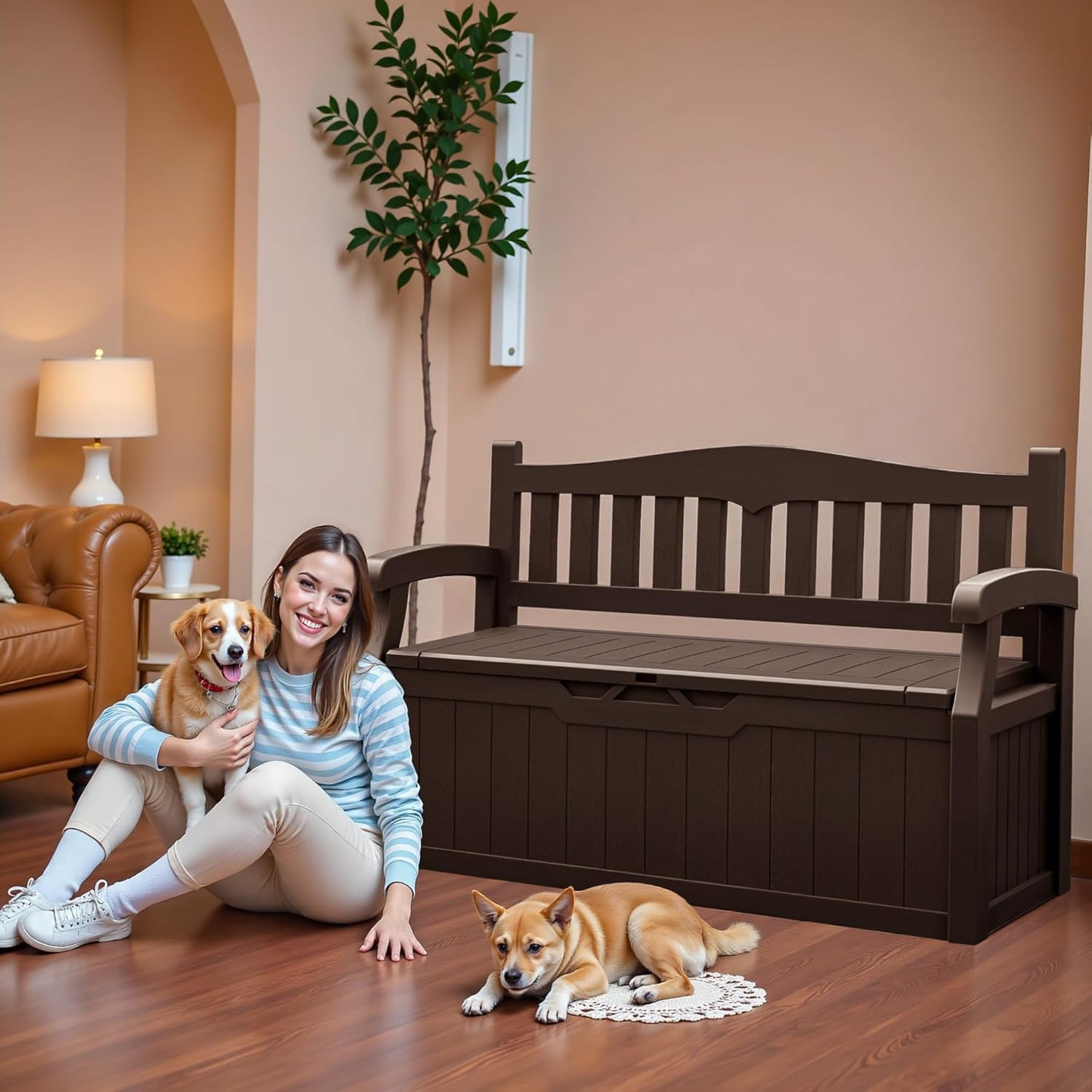 JUMMICO 80 Gallon Resin Outdoor Storage Bench, Large Deck Box with Armrest, Lockable & Waterproof for Garden, Home, Patio, Pools (Brown)