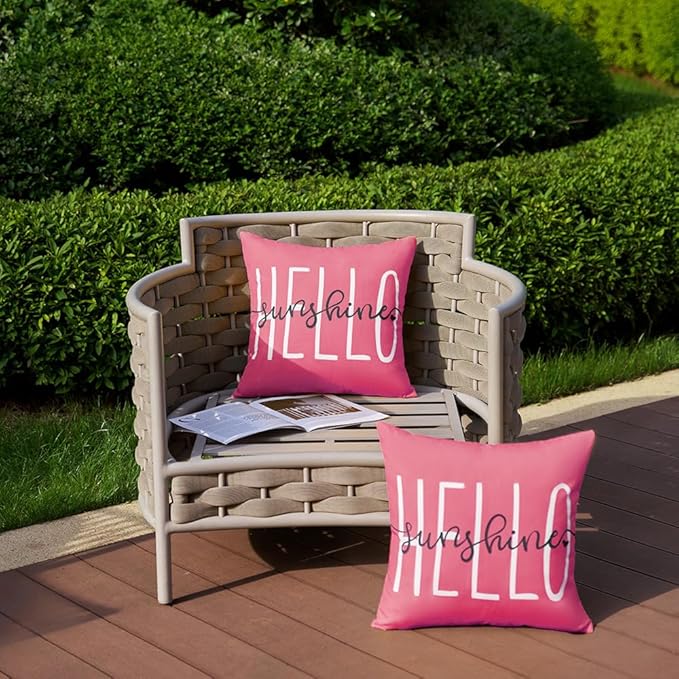 DFXSZ Outdoor Pillow Covers 20x20 Inch Set of 2 Hello Sunshine Decor Hot Pink Waterproof Throw Pillow Covers Summer Outdoor Waterproof Pillow Covers Decor for Patio Funiture Garden Sofa Couch 020H20