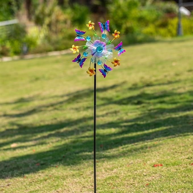 44" Butterfly Wind Spinners Garden Stake, Solar Flower Butterfly Wind Sculpture Yard Art Decorations for Lawn, Patio & Yard & Garden Decor, Metal Whirligigs Wind Spinners Outdoor Decor