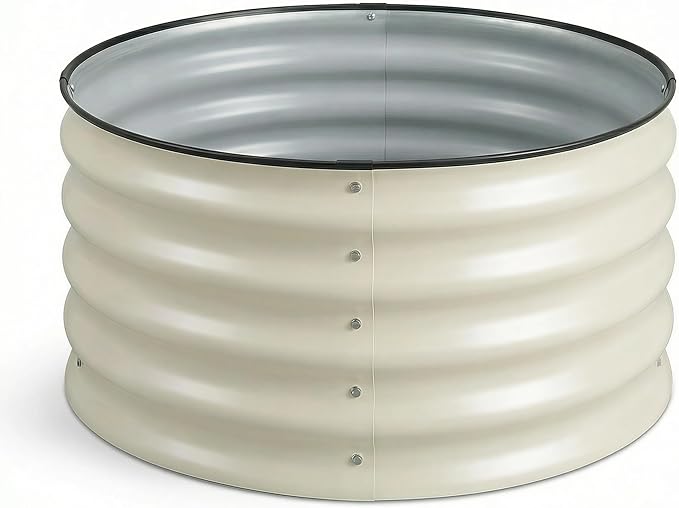 Sponvatt 1 Pcs Round Galvanized Raised Garden Bed Kit 24 x 12 Inch Metal Planter Box Outdoor with Safety Rubber Edge Trim Rust Proof Weather Resistant Circular Steel Garden Beds White 12 Inch Deep