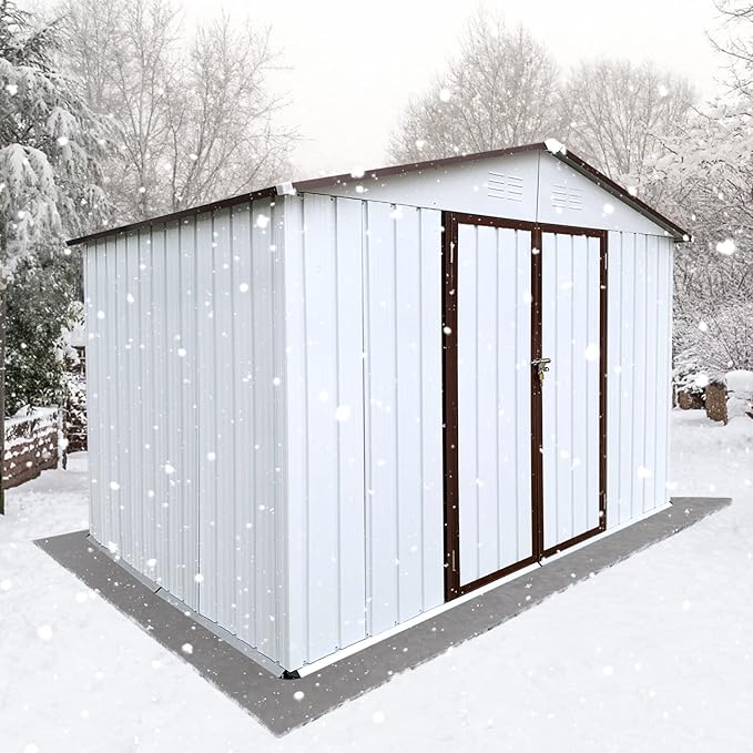 10x8 FT Metal Garden Sheds with Hinged Door and Padlock & Punched Vents,Aluminum Outdoor Storage Shed w/Eco-Friendly Painting,for Bike, Barbeque,Tool,White+Coffee