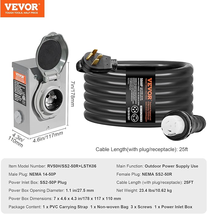 VEVOR 50 Amp Generator Cord and Power Inlet Box Kit, 25FT Generator Extension Cord NEMA 14-50P/SS2-50R STW 6/3+8/1 AWG with Twist Lock Connector, Pre-Drilled Inlet Box, ETL Listed