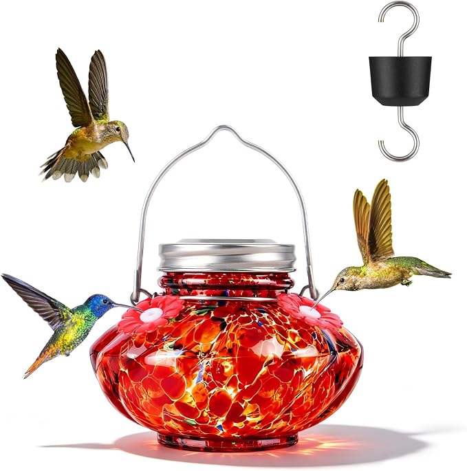 BOLITE Hummingbird Feeders for Outdoors, Hand Blown Top Fill Hummingbird Feeder, Glass Mason Jar with 4 Flower Feed Ports, Easy to Clean, Leak Proof, Bee Proof, Ant Moat, Red, Gift for Bird Lovers