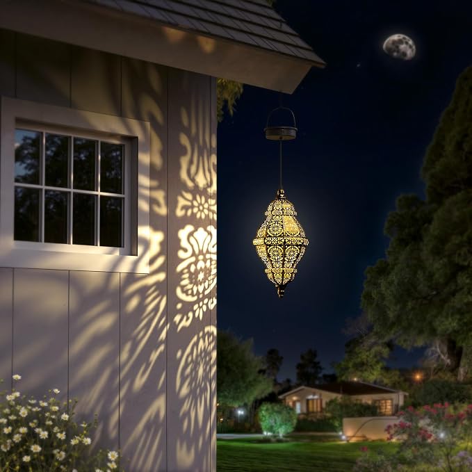 Twinkya 2 Pack Hanging Solar Lights Outdoor Garden Decor, Waterproof Plastic Moroccan Solar Powered Lantern Lamp, Outside Decorations for Patio Yard Porch Backyard Decor, Gardening Gifts for Women Mom
