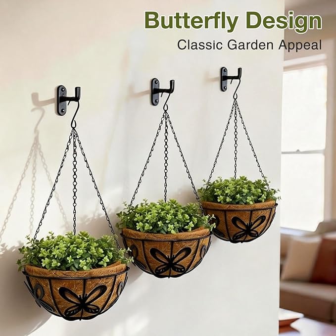 12 Inch Hanging Baskets for Plants Outdoor, 3 Pack Metal Wire Hanging Planters with Coco Coir Liners, Rust-Resistant Flower Basket with Chains & Hooks for Garden Patio Porch Deck Balcony