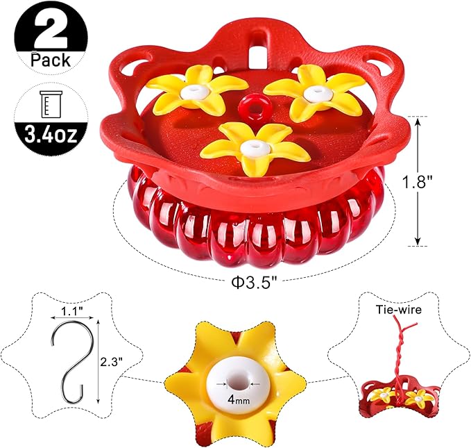 Fchstaer Set of 2 Glass Hummingbird Feeders for Outdoors Hanging with 3 Bee Guard Feeding Ports, 3.4OZ Handheld Humming Birds Feeders for Outside, Gifts for Women Mom, Red