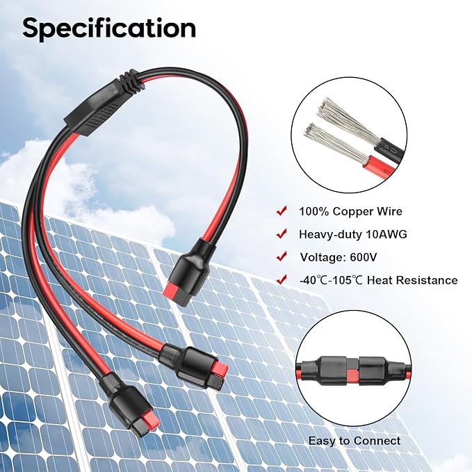 10AWG Anderson Y Splitter Cable Solar Panel Connector Branch Parallel Adapter Cable for Portable Solar Generator Power Station Compatible with GZ Jackery High Power Pole Port Connector