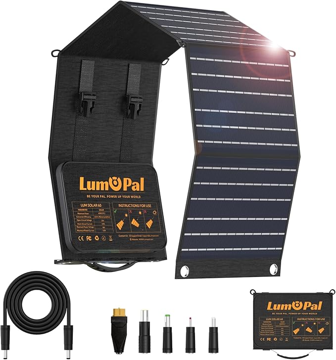 Portable Solar Panel, LUMOPAL 60W Foldable Solar Panels Folding Solar Charger with PD60W USB C QC3.0 USB A Output Waterproof for Camping Backpacking Compatible with Phone Laptop Portable Power Station