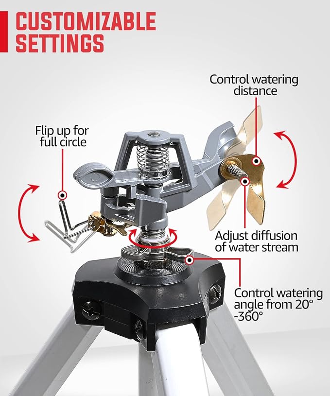 YAMATIC Impact Sprinkler on Adjustable Tripod Base, Garden Hose Quick Connect Water Hose Fittings - 3/4" Thread