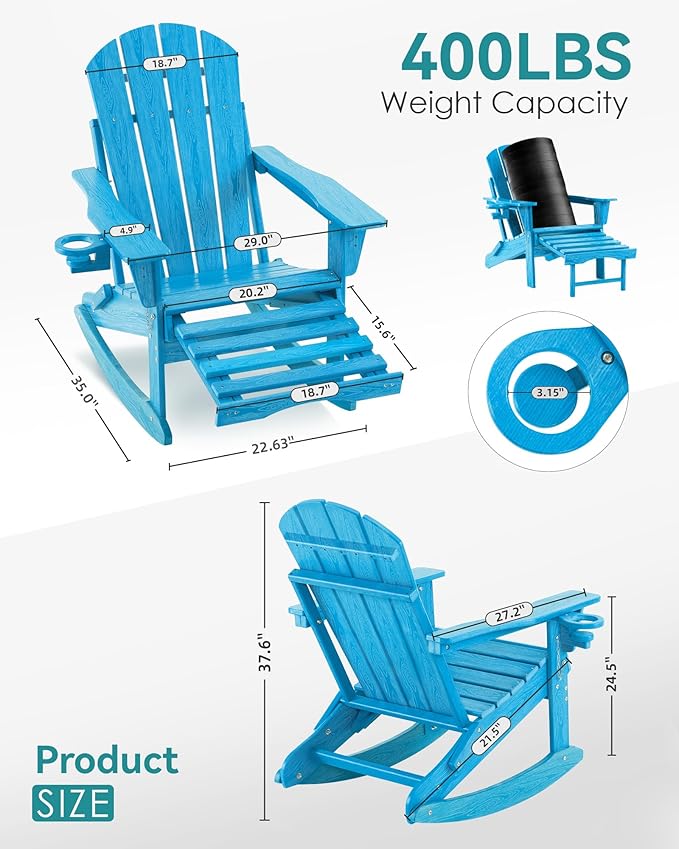 Adjustable Adirondack Rocking Chair with Retractable Ottoman,4-in-1 Multifunctional Folding Patio Chair with Cup Holder, Outdoor Chair Wood Texture for Lawn,Porch, Backyard,Pool(Pacific Blue)