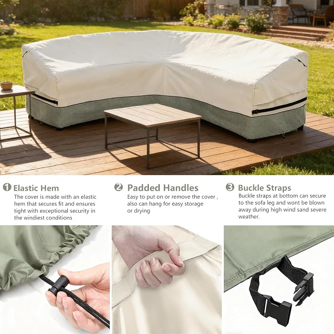 Okcool Outdoor Sectional Cover,Curved Patio Furniture Covers for 5-7 Seater Outdoor Furniture Couch,190"(Back Arc Length) / 126"(Front Arc Length) x 32"(Deep),White&Grayish Green