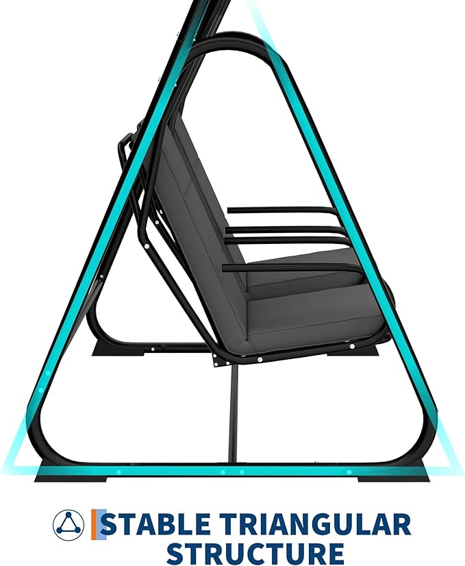 GarveeLife 2 Person Porch Swing Chair, Heavy Duty Outdoor Patio Swing Glider with Adjustable Canopy & Removable Cushions, Independent Swing Chairs for Garden, Balcony, Poolside, Backyard, Dark Grey