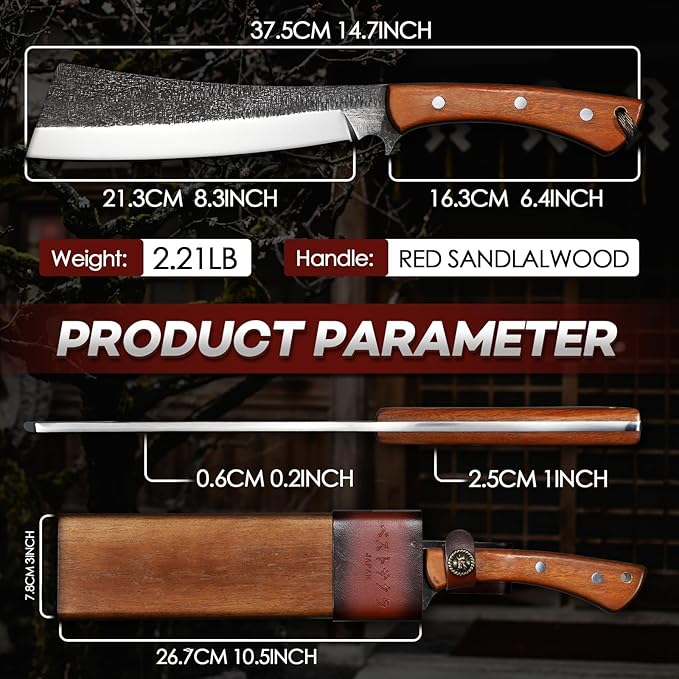 Freelander Japanese Style High Carbon Steel Machete with Red Sandalwood Ergonomic Full Tang Handle and Wood-Leather Sheath, for Camping, Hiking, Yard Work, and Survival, Gifts for Men Women